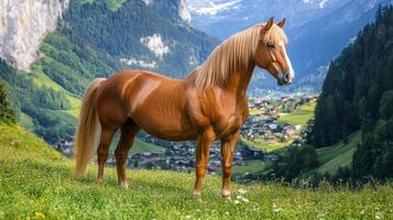 Chestnut Horse Stands in Alpine Meadow photo