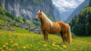 Majestic Palomino Horse in Alpine Meadow Village Setting photo