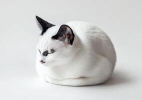 A white cat with black markings rests peacefully photo
