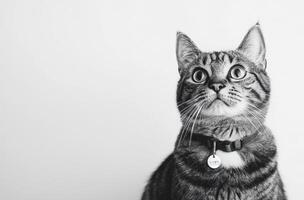 A Tabby Cat Looks Upward With Wide Eyes photo