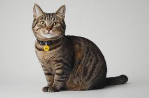 Tabby Cat Wearing A Collar And Tag Sitting Down photo