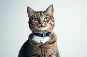Tabby Cat Wearing A Collar With An Identification Tag photo