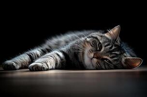 A Grey Tabby Cat Relaxed On Wooden Floor photo