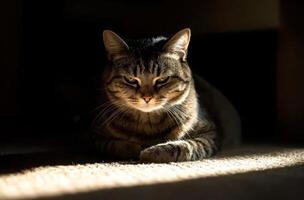 Tabby Cat Resting In Sunlight A Serene Moment photo