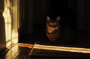 Tabby Cat Sitting In Sunlight Near Doorway photo