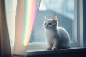 White Kitten Gazing Out Window Sunlight Rainbow photo
