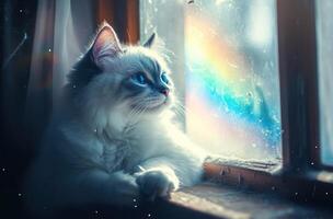 Ragdoll Kitten Gazing Through Dusty Window Rainbow photo
