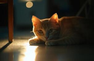 Orange Tabby Kitten Rests In Golden Sunlight photo