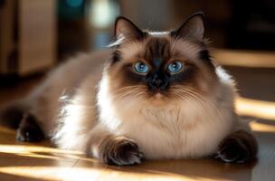 Ragdoll cat relaxing in sunlit room photo