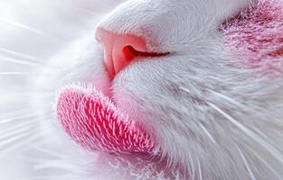 Close Up Of A White Cats Pink Nose And Tongue photo