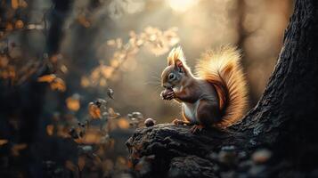 Red Squirrel Eating Nut In Autumn Forest Sunlight photo