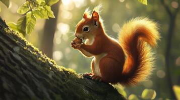 Red Squirrel Enjoying A Nut In Sunlight photo
