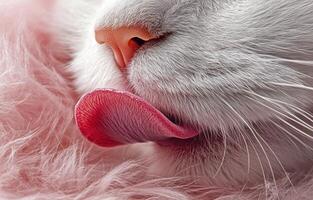 White Cat Close Up Showing Pink Tongue and Nose photo