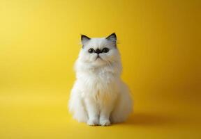 Fluffy White Persian Kitten Poses Against Yellow Background photo
