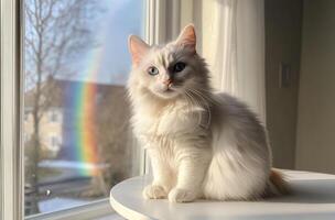 Ragdoll Kitten Sitting by Window with Rainbow photo