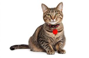 Tabby Cat Sitting Wearing Red Collar Tag photo