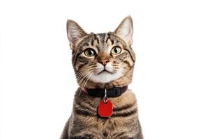 A Tabby Cat Wearing a Collar and Tag photo