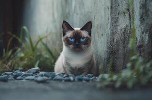 Siamese Cat Posing Near a Wall Outdoors photo