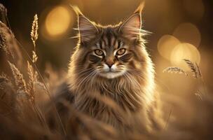 A maine cat is sitting in tall grass photo