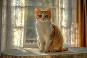 Orange and white cat sits by a sunlit window photo