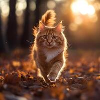 Ginger Cat Walking Through Autumn Leaves photo