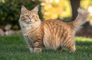 A ginger Maine cat stands in the grass photo