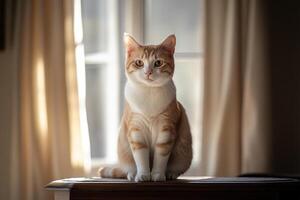 Orange and White Cat Sitting by Window photo
