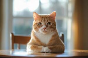 Orange Tabby Cat Sitting At Wooden Table photo