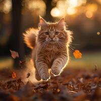 Ginger Cat Leaping Through Autumn Leaves photo