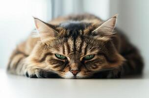 Longhaired tabby cat resting on a surface photo