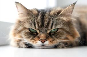 A Longhaired Cat With Green Eyes Rests Calmly photo