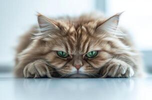 A Fluffy Longhaired Cat With Green Eyes Rests photo