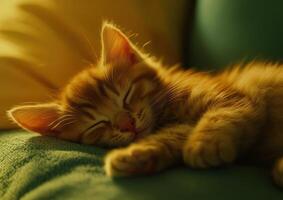 Ginger Kitten Sleeping Peacefully On Soft Fabric photo