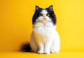 Adorable Black and White Persian Cat Sitting on Yellow photo