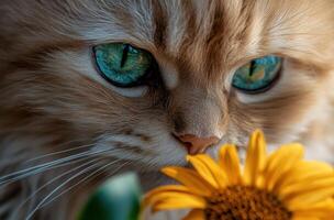 Fluffy Cat with Bright Green Eyes Near Yellow Flower photo