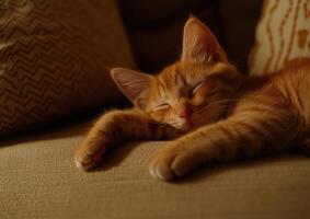 Orange Kitten Sleeping Peacefully On A Couch photo