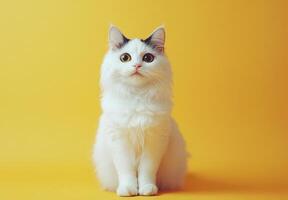 Adorable Fluffy White Cat Sitting Against Yellow Background photo