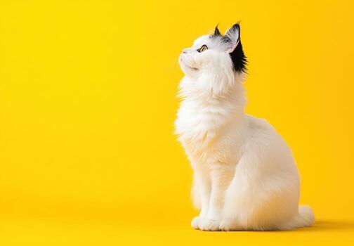 A fluffy white cat sits against a yellow background photo