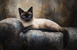Siamese Cat Resting Elegantly On A Vintage Couch photo