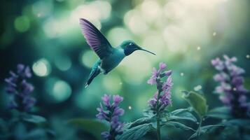 A beautiful hummingbird hovering near purple flowers in its habitat photo