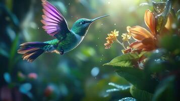 A beautiful hummingbird hovering near colorful vibrant blooming flowers photo
