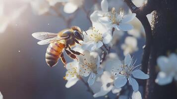 A bee is pollinating white blossoming flowers in soft sunlight photo