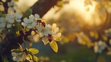 Bees are collecting nectar from beautiful white blossoms in sunlight photo