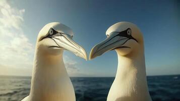 Two birds with beaks touching against the ocean sky photo