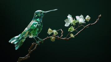A glass hummingbird perched on a blossoming branch against dark background photo