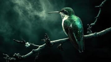 A small hummingbird perched upon a thin weathered tree branch photo