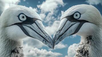 Two seabirds face each other with the sky in the background photo