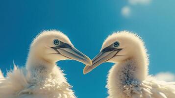 Two white seabirds with blue eyes face each other closely photo