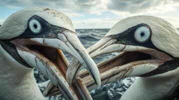 Two seabirds with open beaks face each other over water photo