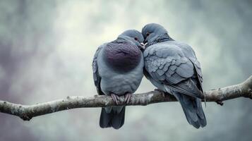 Two pigeons sit together on a weathered branch against the sky photo